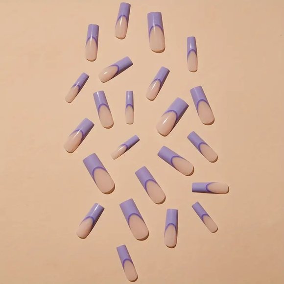 24pcs Purple French Fake Nails, Long Coffin Press On Nails, Glossy Full Cover - Picture 2 of 5